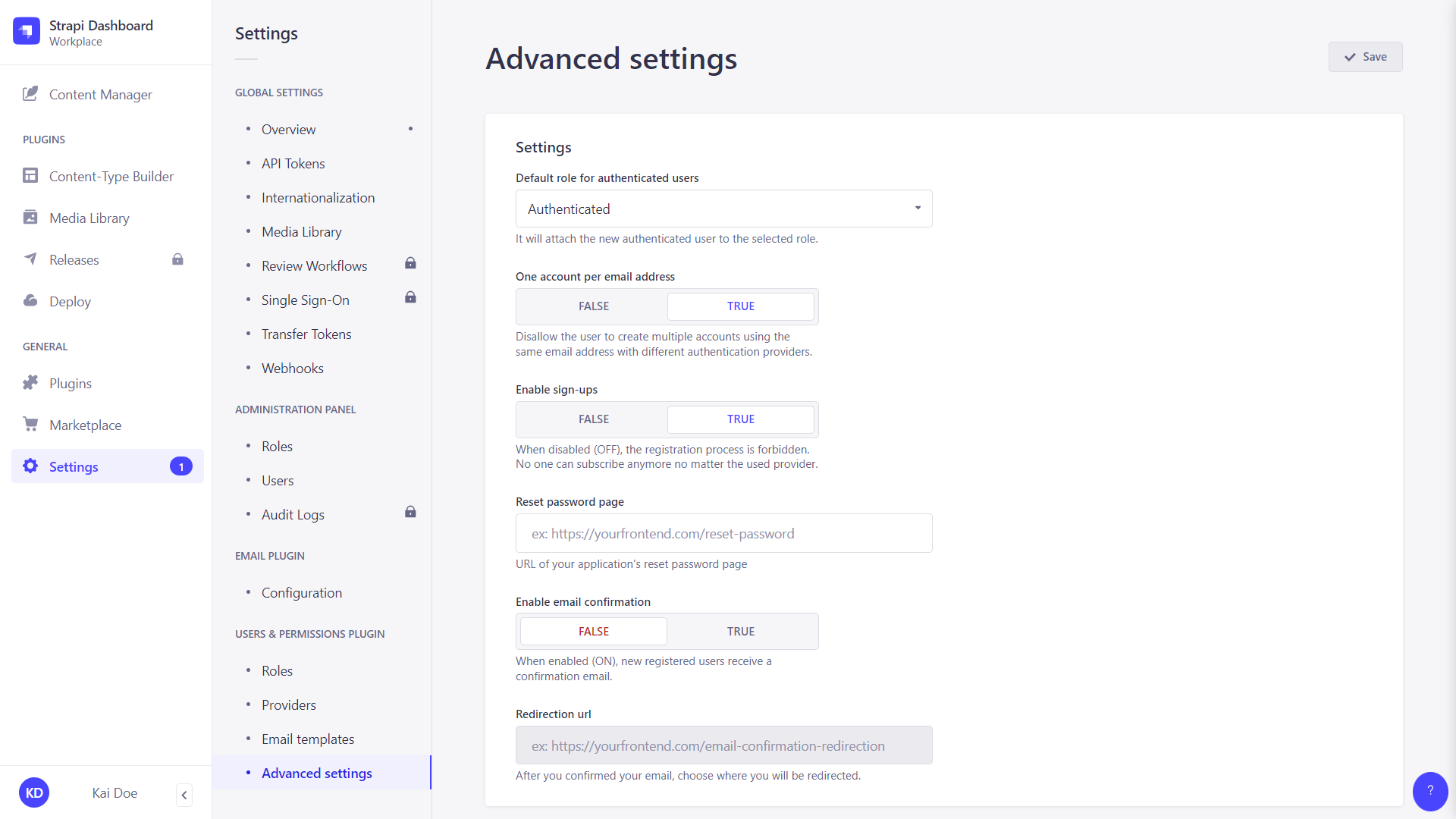 Advanced settings interface